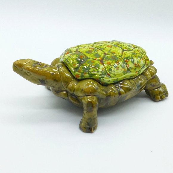 Vtg Arnels Pottery Turtle Candy Dish Lidded Trinket Ceramic Green Orange Speckle - Picture 1 of 10